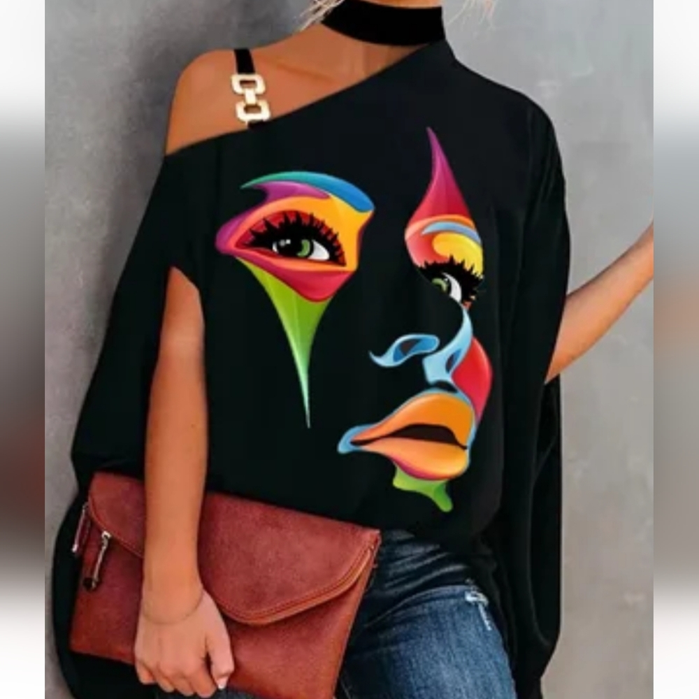 NWT Black multi-colored off the shoulder top by Stylewe. Sz Large
